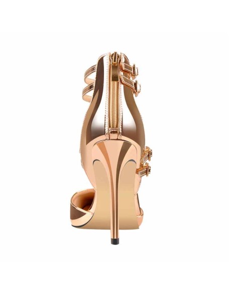 Golden Pointed Toe Double Buckle Strap High Heels Pumps