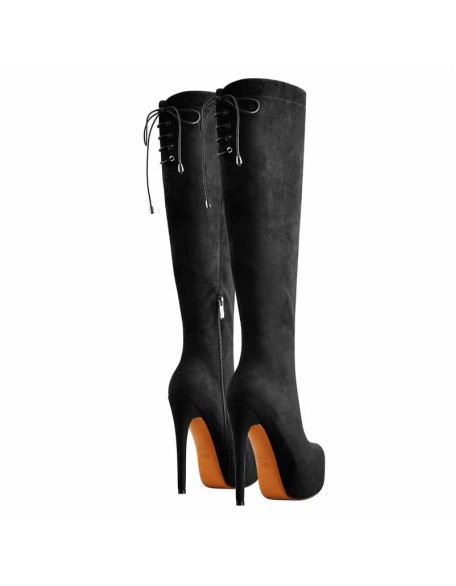 Black Suede Leather Round Toe Platform High Heels Over The Knee Boots