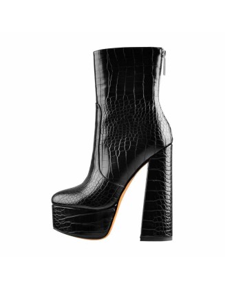 Platform Round Toe Stone Pattern Waisted Short Chunky Heels Ankle Boots