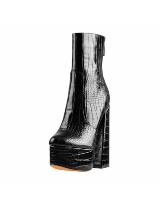 Platform Round Toe Stone Pattern Waisted Short Chunky Heels Ankle Boots