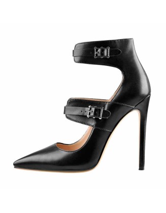 Black Matte Pointed Toe Double Buckle Ankle Strap Stiletto High Heels Pumps