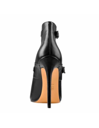Black Matte Pointed Toe Double Buckle Ankle Strap Stiletto High Heels Pumps