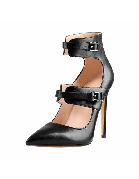 Black Matte Pointed Toe Double Buckle Ankle Strap Stiletto High Heels Pumps