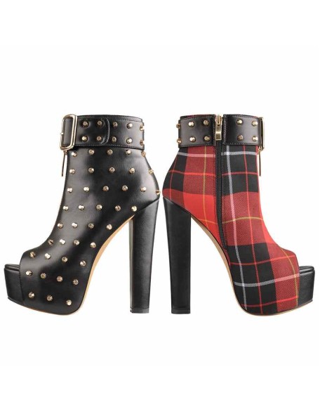Peep Toe Rivet Leather Canvas Stitching Platform Chunky High Heel Boots