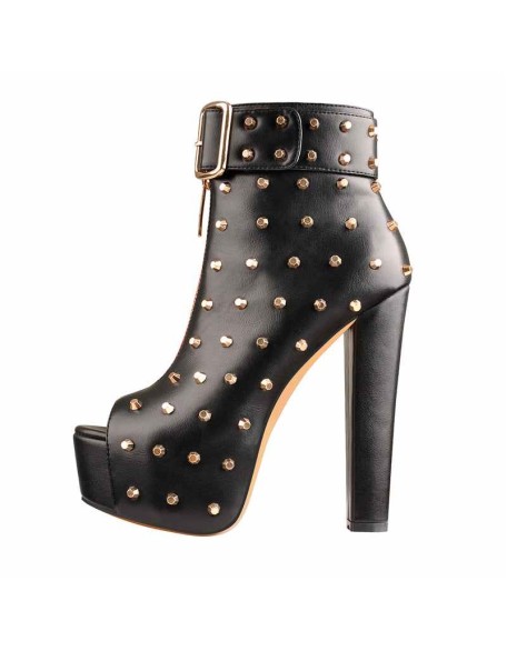 Peep Toe Rivet Leather Canvas Stitching Platform Chunky High Heel Boots