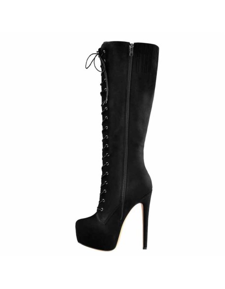 Black Platform Lace-Up High Over The Knee High Heel Boot