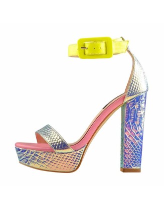 Holographic Snake Pattern Open Toe Platform Chunky Square Heels Ankle Strap Sandals