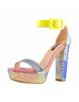Holographic Snake Pattern Open Toe Platform Chunky Square Heels Ankle Strap Sandals