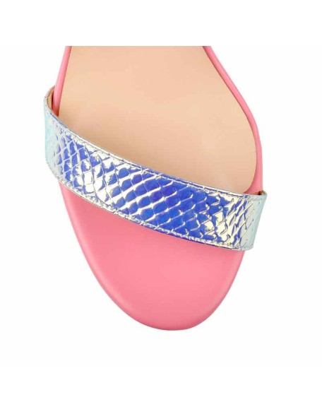 Holographic Snake Pattern Open Toe Platform Chunky Square Heels Ankle Strap Sandals
