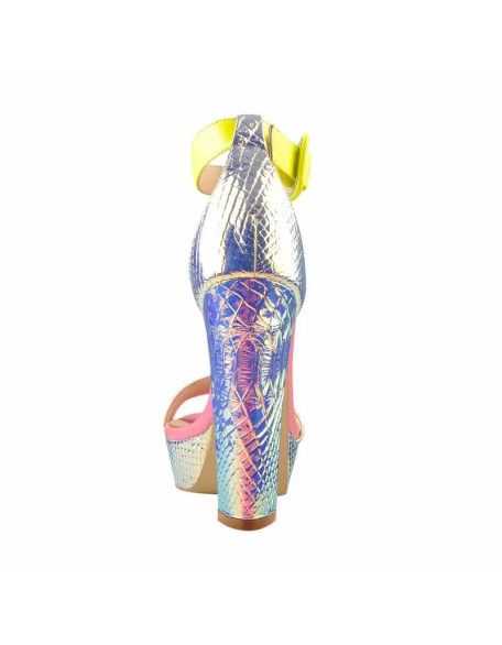 Holographic Snake Pattern Open Toe Platform Chunky Square Heels Ankle Strap Sandals
