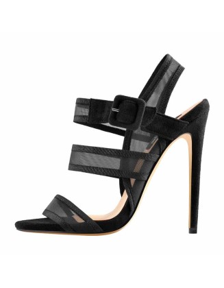 Black Mesh Straps Stiletto Heel Slingback Ankle Buckle Strap Sandals