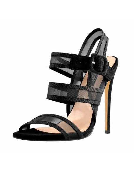 Black Mesh Straps Stiletto Heel Slingback Ankle Buckle Strap Sandals
