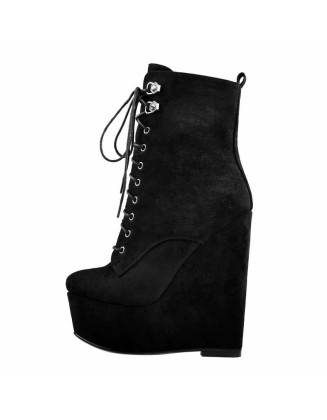 Black Suede Lace Up Platform Wedges Ankle Boots