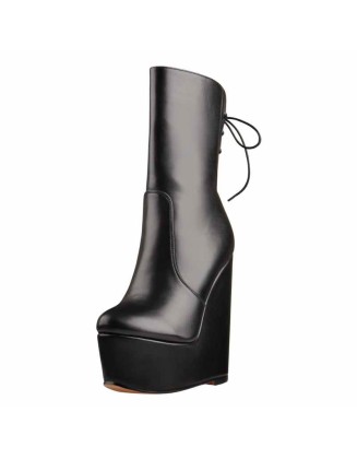 Round Toe Black Lace Up Zip Wedges Ankle Boots