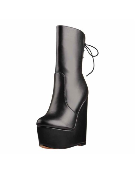 Round Toe Black Lace Up Zip Wedges Ankle Boots