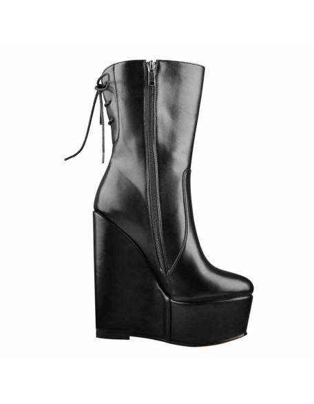 Round Toe Black Lace Up Zip Wedges Ankle Boots