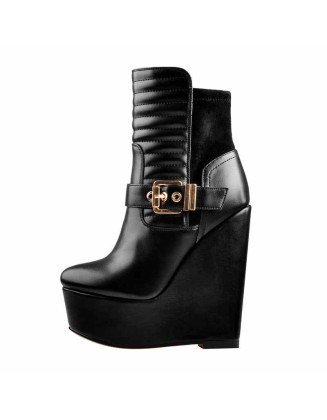 Platform Zipper Metal Buckle Strap Round Toe Wedge Heel Ankle Boots