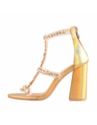Open Toe Gem Rhinestone Transparent Strip Cutout Chunky Square Heel Sandals
