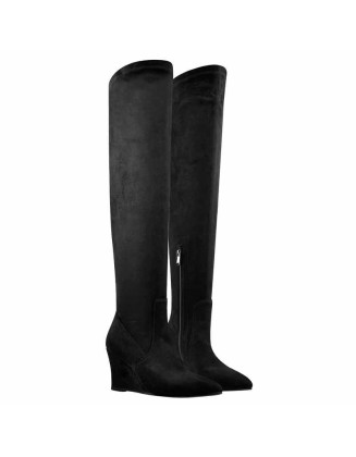 Black Suede Pointy Toe Wedge Heel Knee High Boots