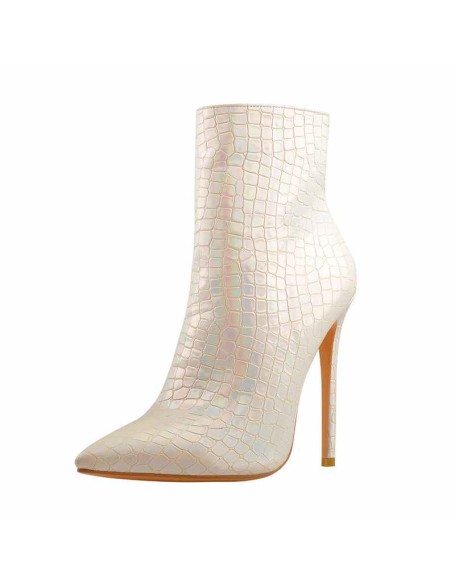 White Stone Pattern Pointed Toe High Heels Ankle Booties