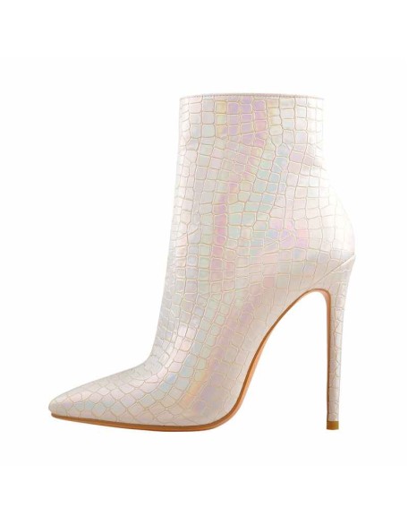 White Stone Pattern Pointed Toe High Heels Ankle Booties