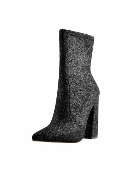 Pointed Toe Glitter Stretch Chunky Block High Heels Ankle Booties