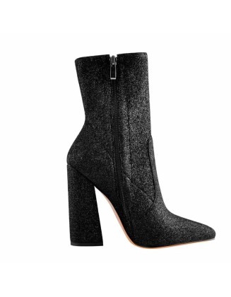 Pointed Toe Glitter Stretch Chunky Block High Heels Ankle Booties