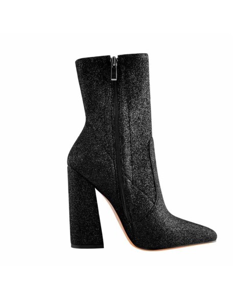 Pointed Toe Glitter Stretch Chunky Block High Heels Ankle Booties