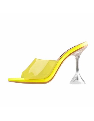 Square Open Toe Yellow Transparent Tapered Heels Sandals Mules