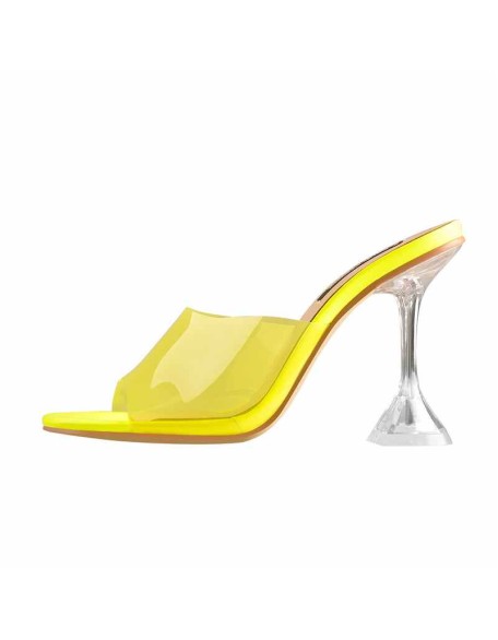 Square Open Toe Yellow Transparent Tapered Heels Sandals Mules