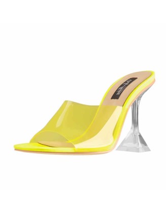Square Open Toe Yellow Transparent Tapered Heels Sandals Mules