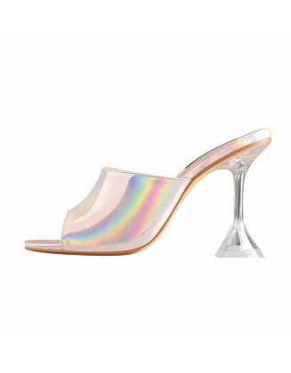 Holographic Transparent Tapered Heel Sandals Mules