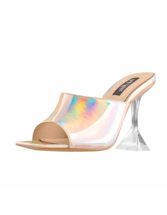 Holographic Transparent Tapered Heel Sandals Mules