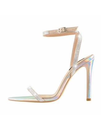 Pointed Open Toe Rhinestone Strap Slingback Stiletto Heels Holographic Sandals