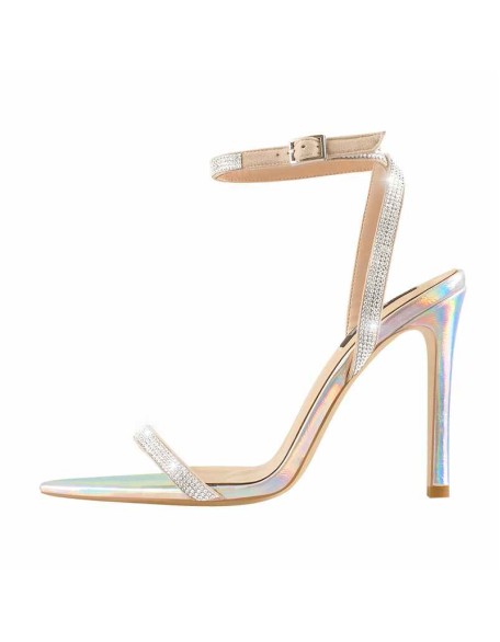 Pointed Open Toe Rhinestone Strap Slingback Stiletto Heels Holographic Sandals