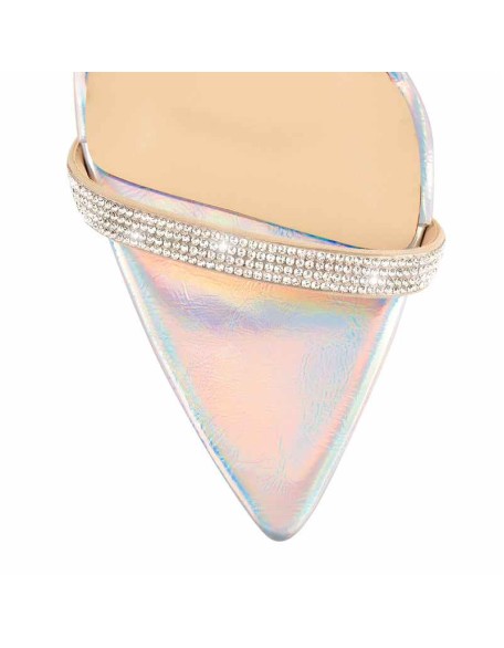 Pointed Open Toe Rhinestone Strap Slingback Stiletto Heels Holographic Sandals