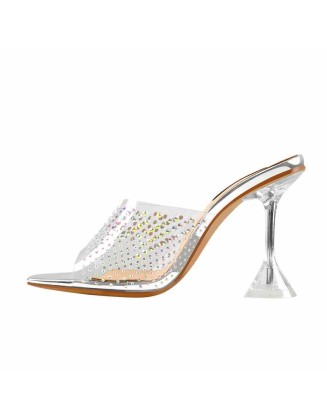 Open Toe Colorful Rhinestones Transparent Tapered Heel Sandals Mules
