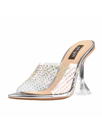 Open Toe Colorful Rhinestones Transparent Tapered Heel Sandals Mules