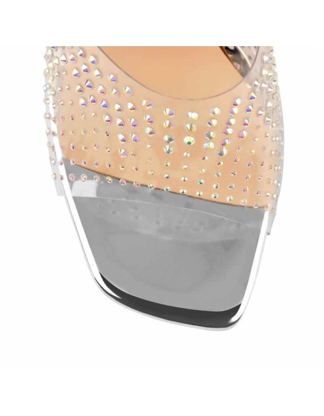 Open Toe Colorful Rhinestones Transparent Tapered Heel Sandals Mules