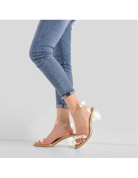 Ankle Clear Strap Rhinestone Transparent Perspex Chunky Heels Sandals