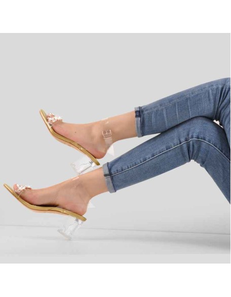 Ankle Clear Strap Rhinestone Transparent Perspex Chunky Heels Sandals