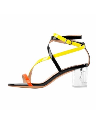 Multicolor Cross Ankle Strap Lucite Transparent Chunky High Heels Sandals