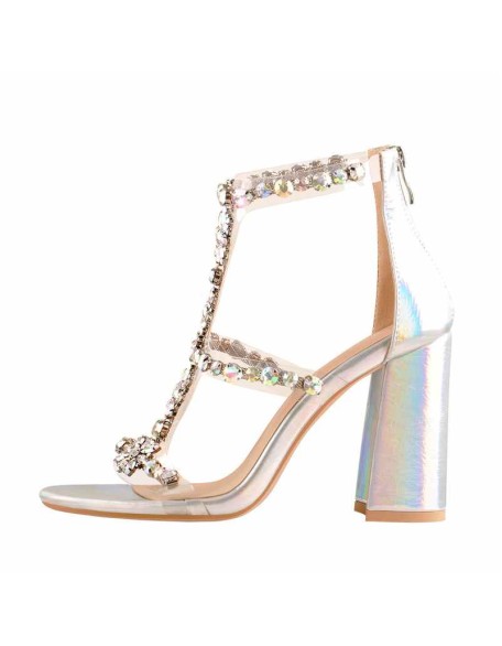 Open Toe Gem Rhinestone Transparent Strip Cutout Silver Hologram Chunky Square Heel Sandals