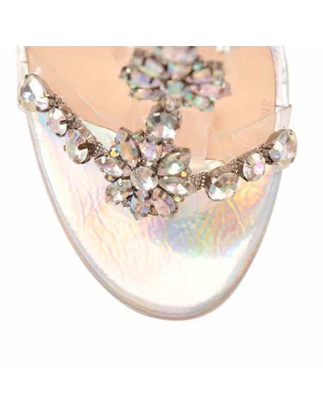 Open Toe Gem Rhinestone Transparent Strip Cutout Silver Hologram Chunky Square Heel Sandals
