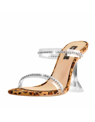 Open Round Toe Rhinestones Strap Leopard Suede Tapered Heel Sandals