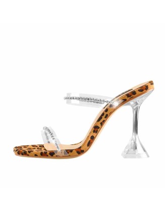 Open Round Toe Rhinestones Strap Leopard Suede Tapered Heel Sandals