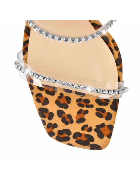 Open Round Toe Rhinestones Strap Leopard Suede Tapered Heel Sandals