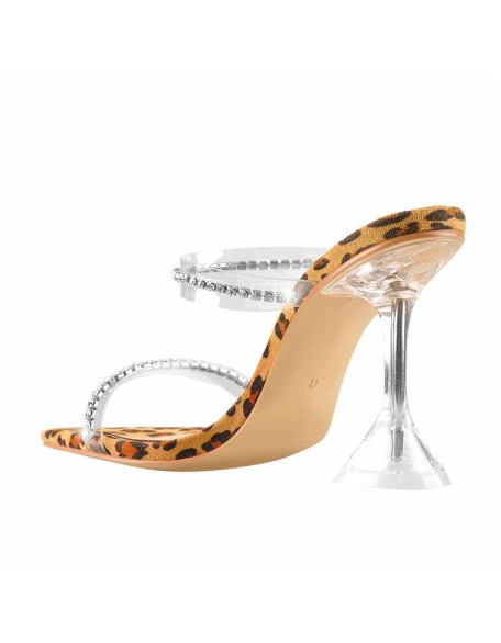 Open Round Toe Rhinestones Strap Leopard Suede Tapered Heel Sandals