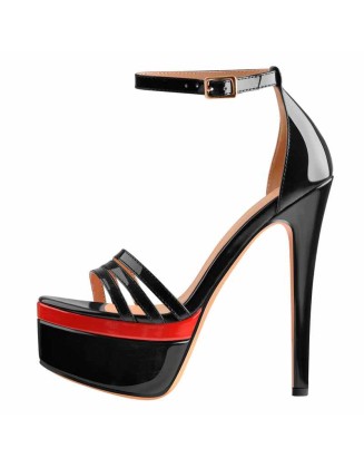 Patent Leather Round Toe Black Red Double Platform High Heel Ankle Buckle Strap Sandals
