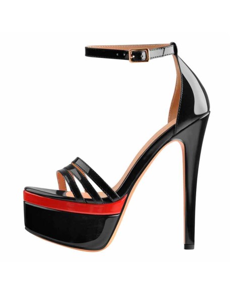Patent Leather Round Toe Black Red Double Platform High Heel Ankle Buckle Strap Sandals